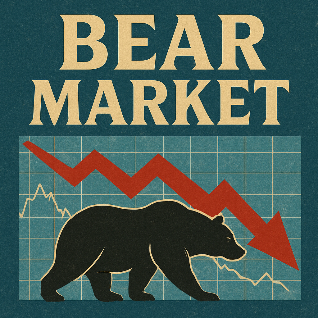 A dark bear walking under a red downward stock chart arrow with “BEAR MARKET” text above on a blue financial graph background.