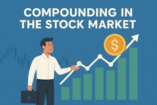 Illustration showing how compound interest grows wealth over time through reinvested returns in the stock market.
