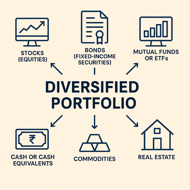 Illustration of a diversified portfolio including stocks, bonds, mutual funds or ETFs, real estate, commodities, and cash equivalents.