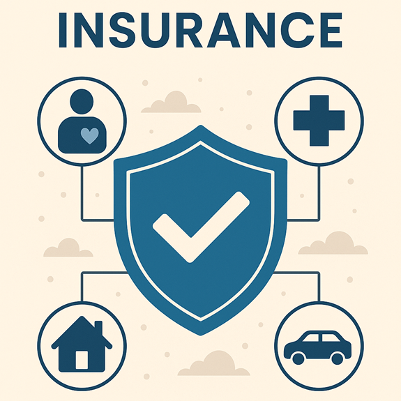 An infographic showing a shield with a checkmark representing insurance, connected to icons symbolizing health, life, home, and vehicle coverage.