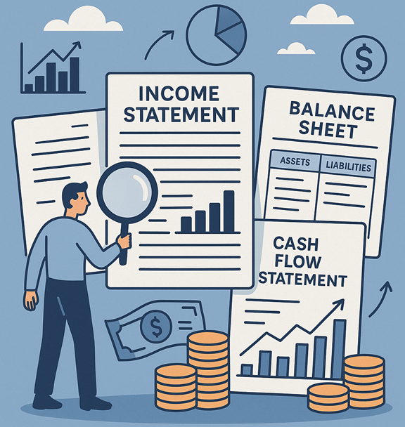 Illustration of a person examining financial statements including income statement, balance sheet, and cash flow statement with charts and money symbols.