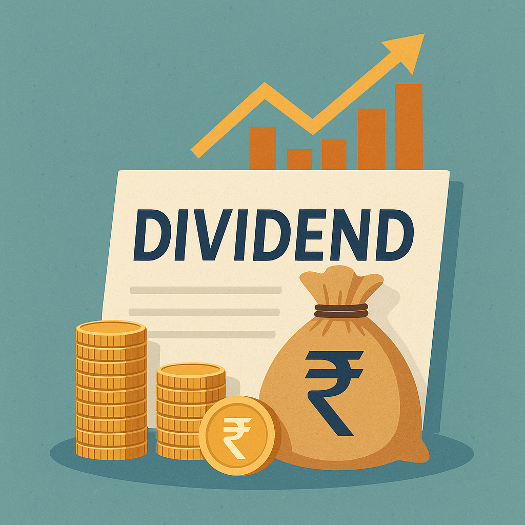 Illustration of a dividend concept with currency symbols, stacked coins, a money bag, and a growth chart.