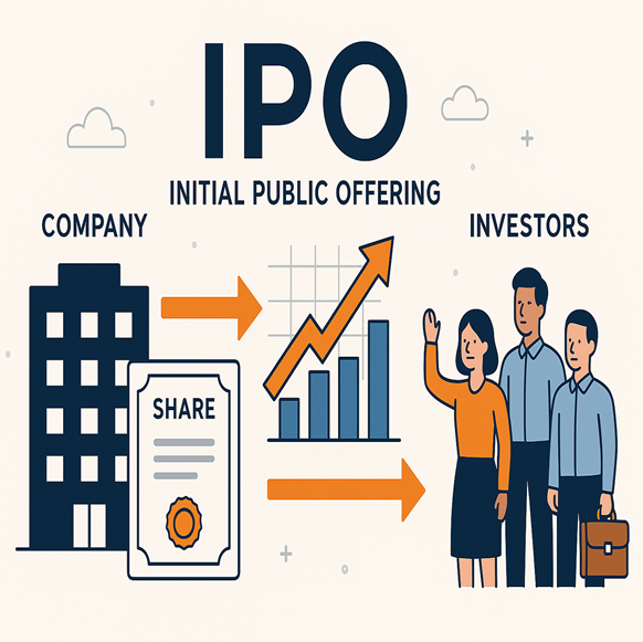 A flat-style graphic illustrating the IPO process where a company issues shares to investors, symbolized by a rising bar chart and connected arrows.
