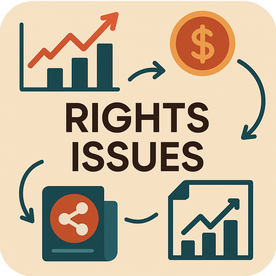 A detailed flat-style illustration titled “Rights Issues,” featuring stock charts, coins, and arrows representing investment flow and capital raising.