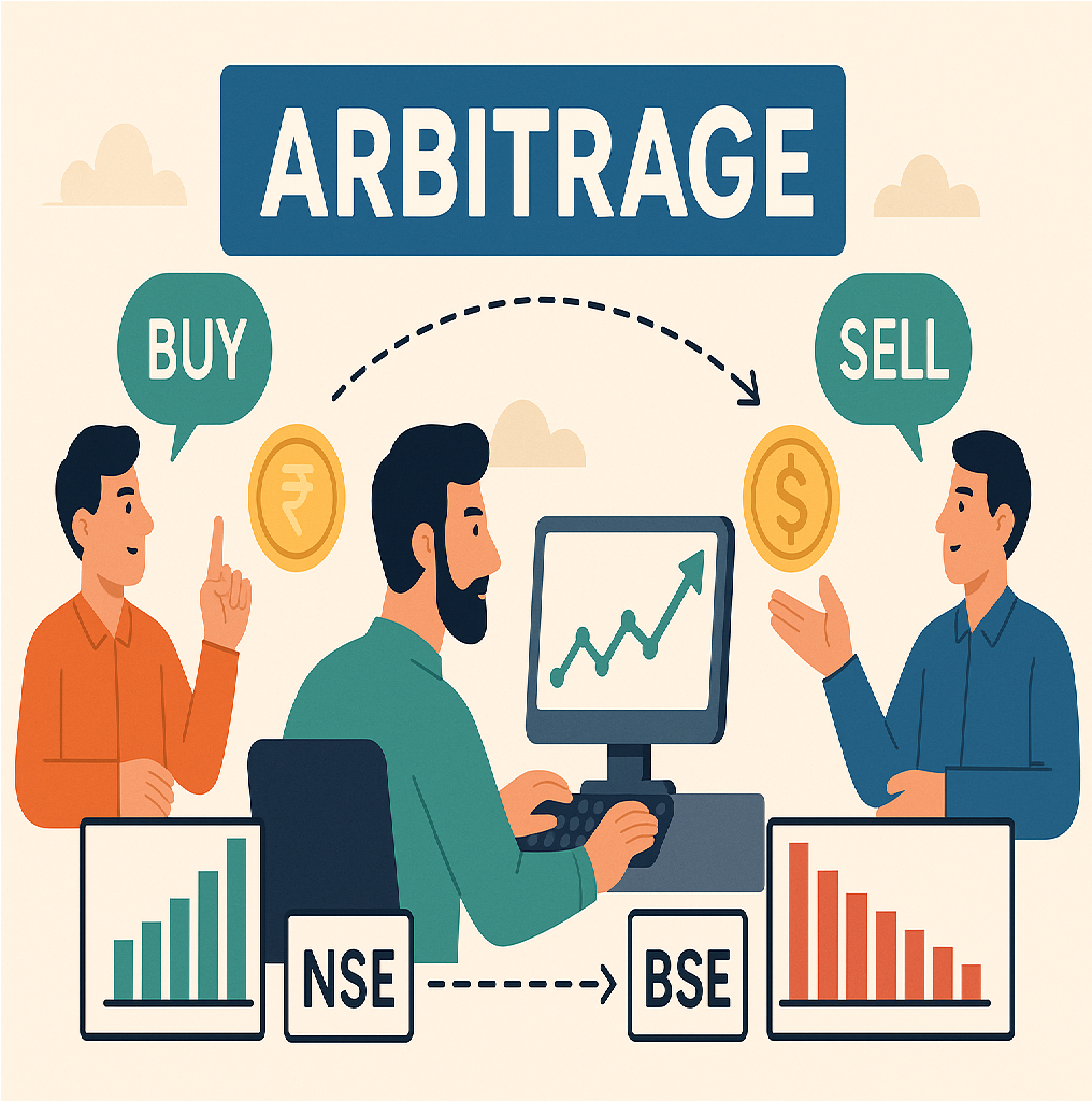 Illustration of a trader analyzing price differences between NSE and BSE to perform arbitrage, with “Buy” and “Sell” icons and stock charts in the background.