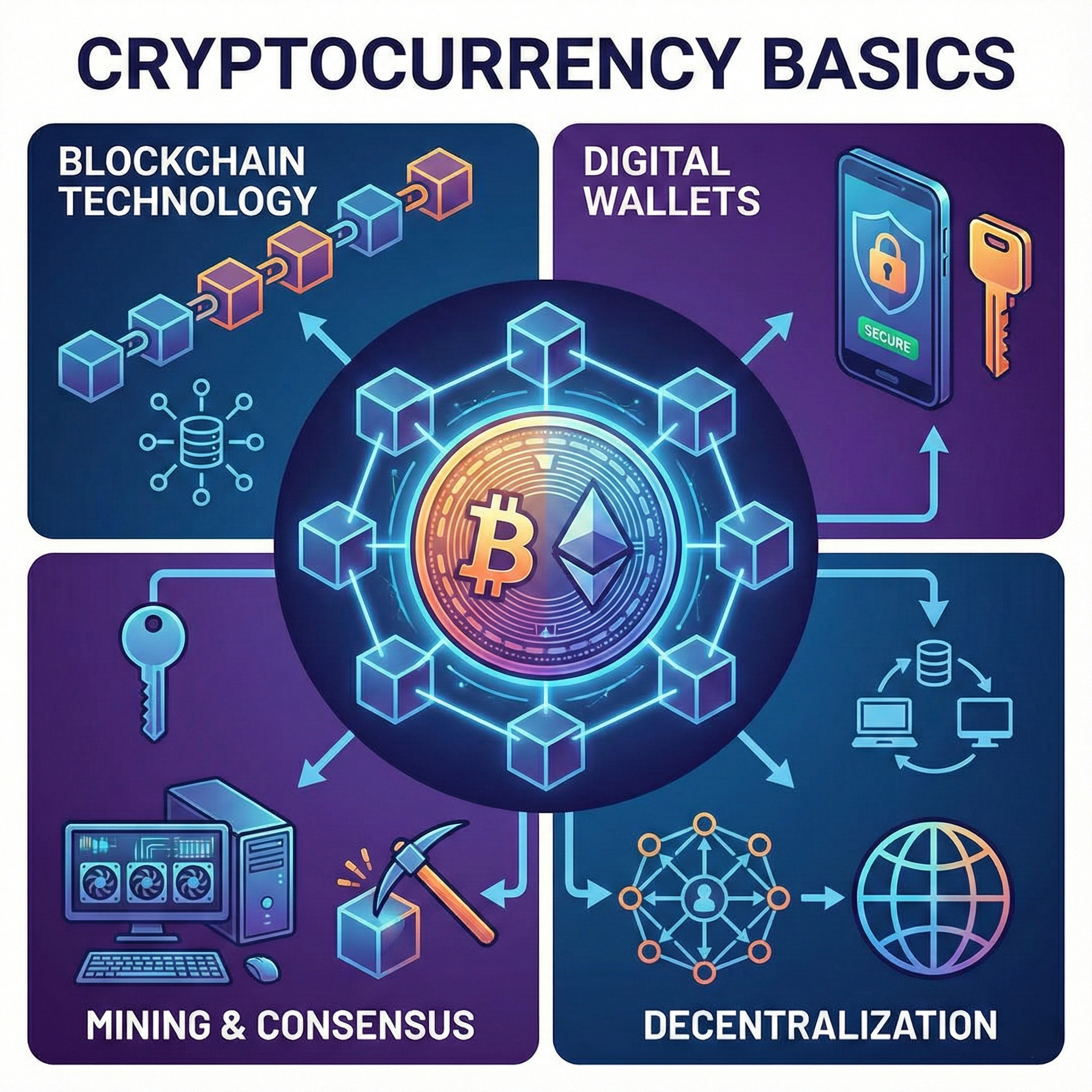 Infographic showing cryptocurrency basics with visuals of blockchain blocks, digital wallets, mining hardware and decentralization symbols around Bitcoin and Ethereum icons.
