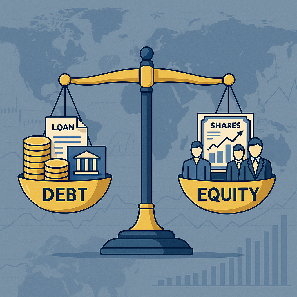 Balanced scale comparing company debt and equity, representing the debt-to-equity ratio in global finance.