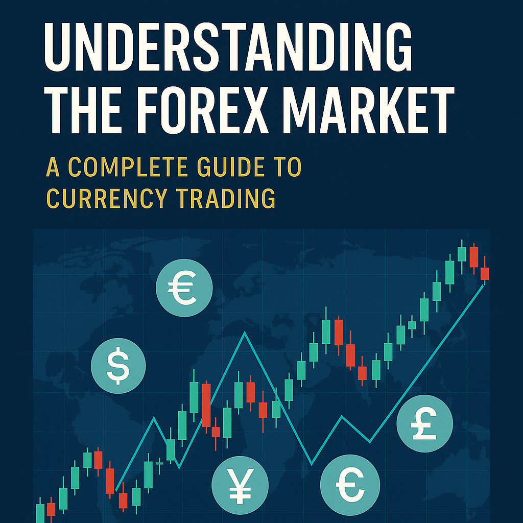 Square graphic showing global map with forex candlestick chart and major currency symbols.