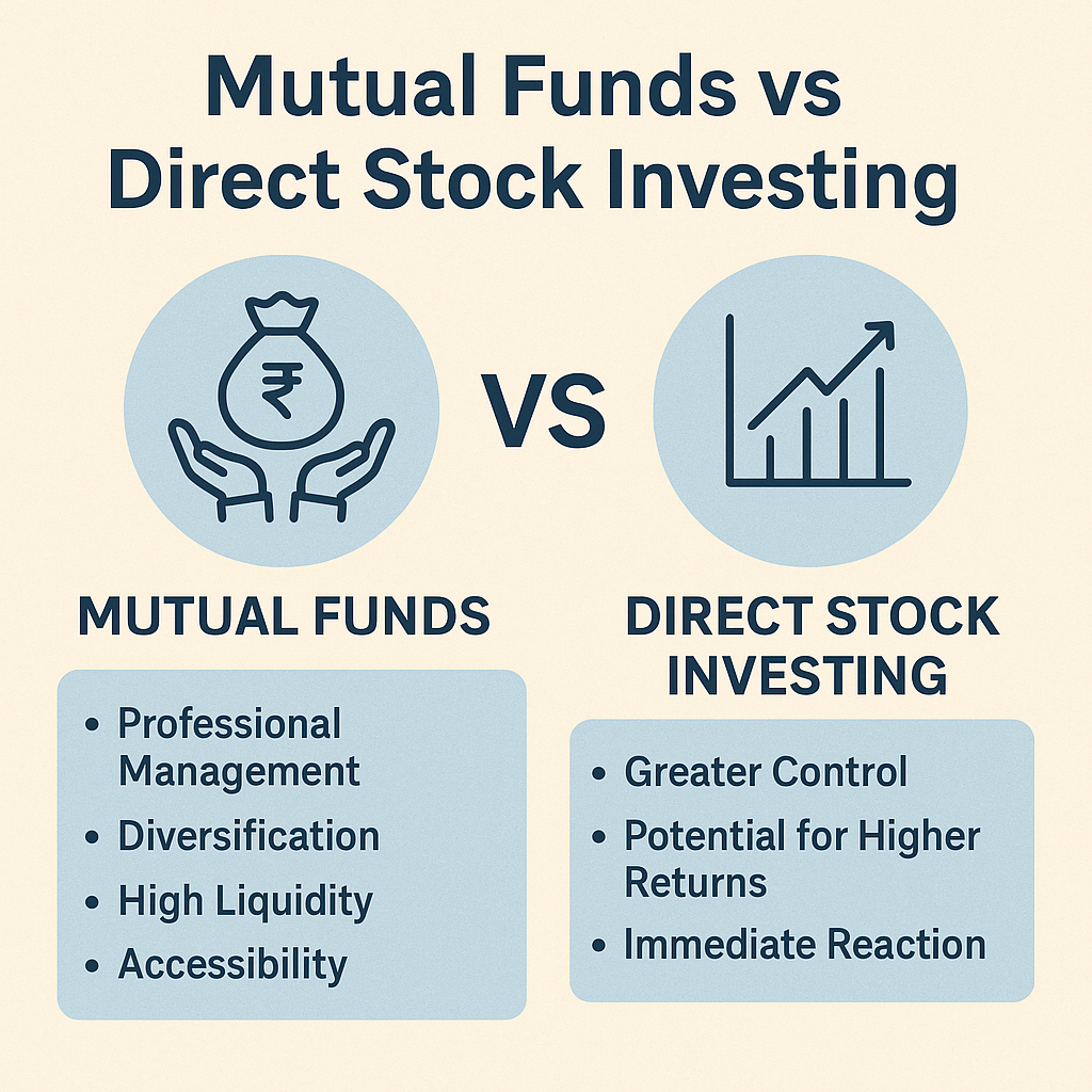 Infographic comparing mutual funds and direct stock investing with bullet points showing mutual funds as diversified and professionally managed, and direct stocks offering higher control and higher risk.