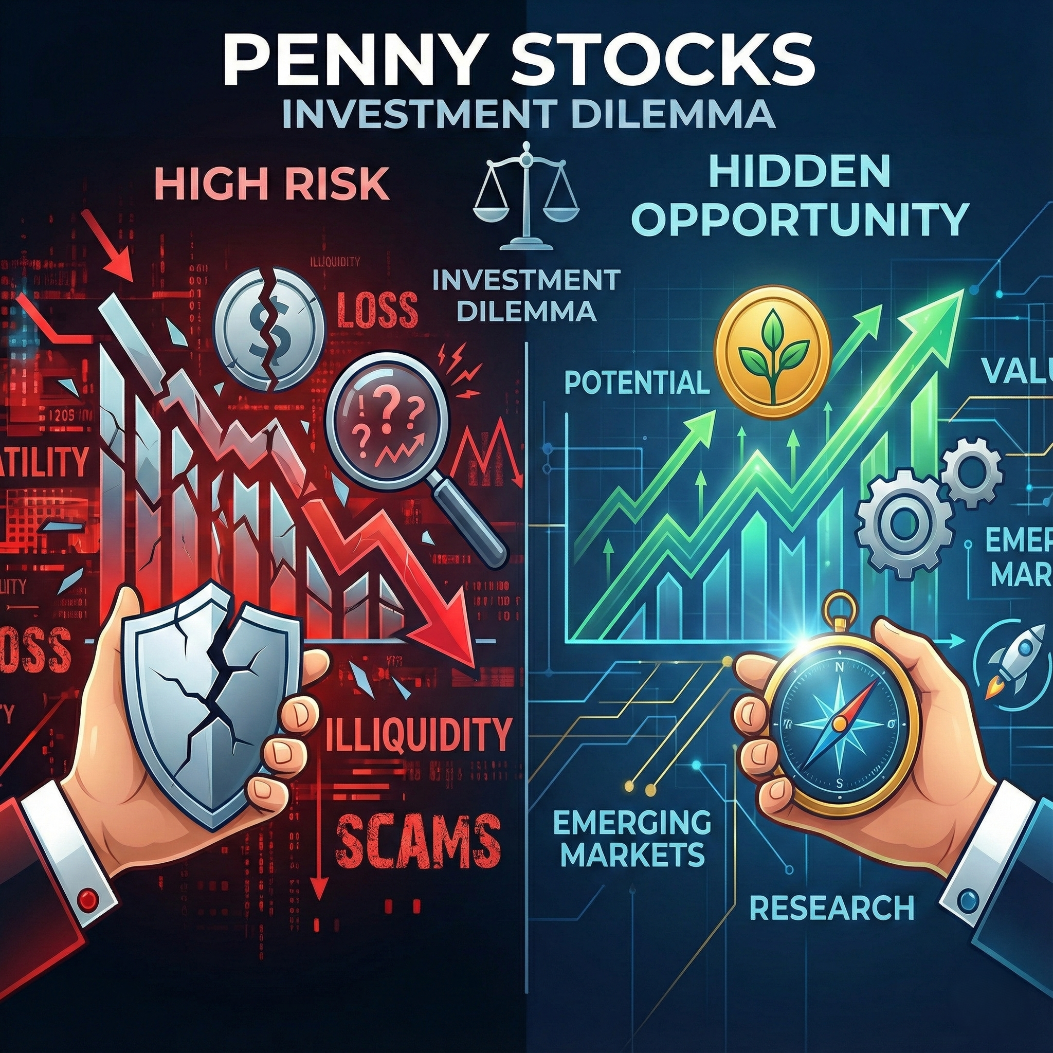 Illustration showing penny stocks as a dilemma with high risk on the left and hidden opportunity on the right, featuring charts and symbols.