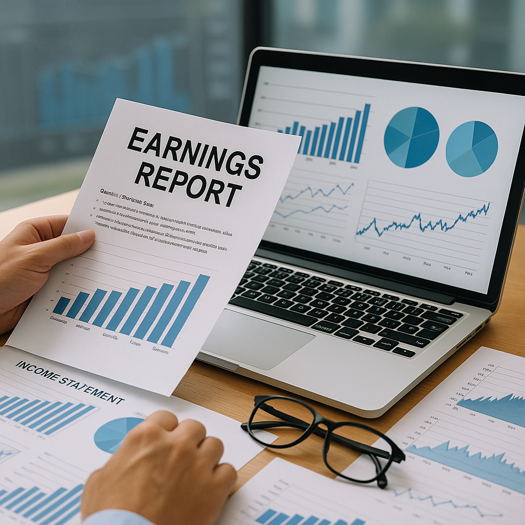 Investor reviewing company earnings report with laptop charts and printed financial documents on a desk.