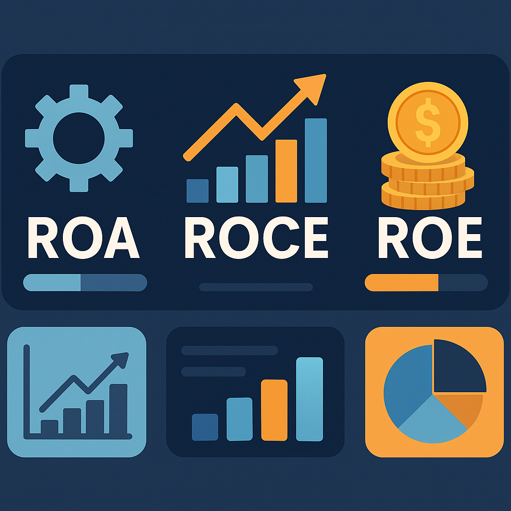 Illustrative business dashboard showing ROA, ROCE, and financial growth icons in blue and orange theme.