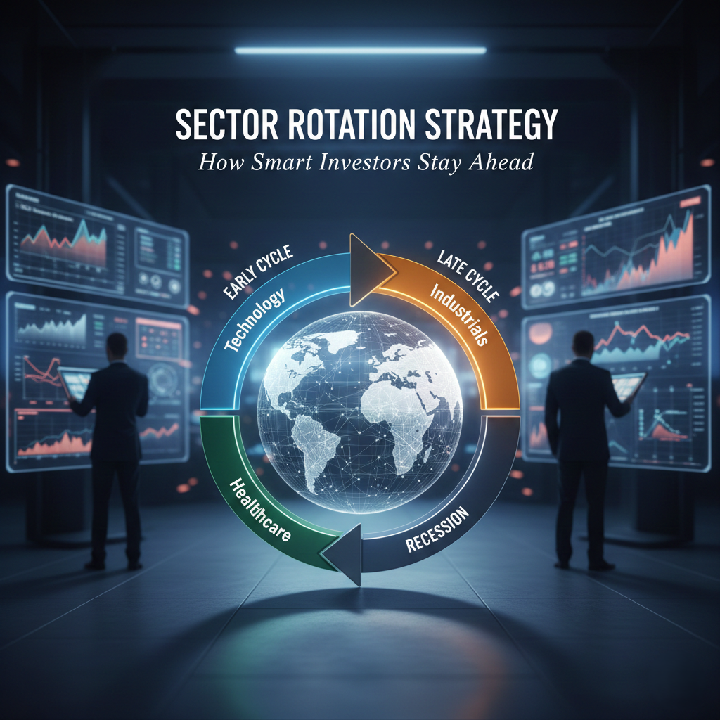 Digital infographic of the economic cycle with sectors like technology, industrials and healthcare, shown around a glowing globe in a financial analysis room.