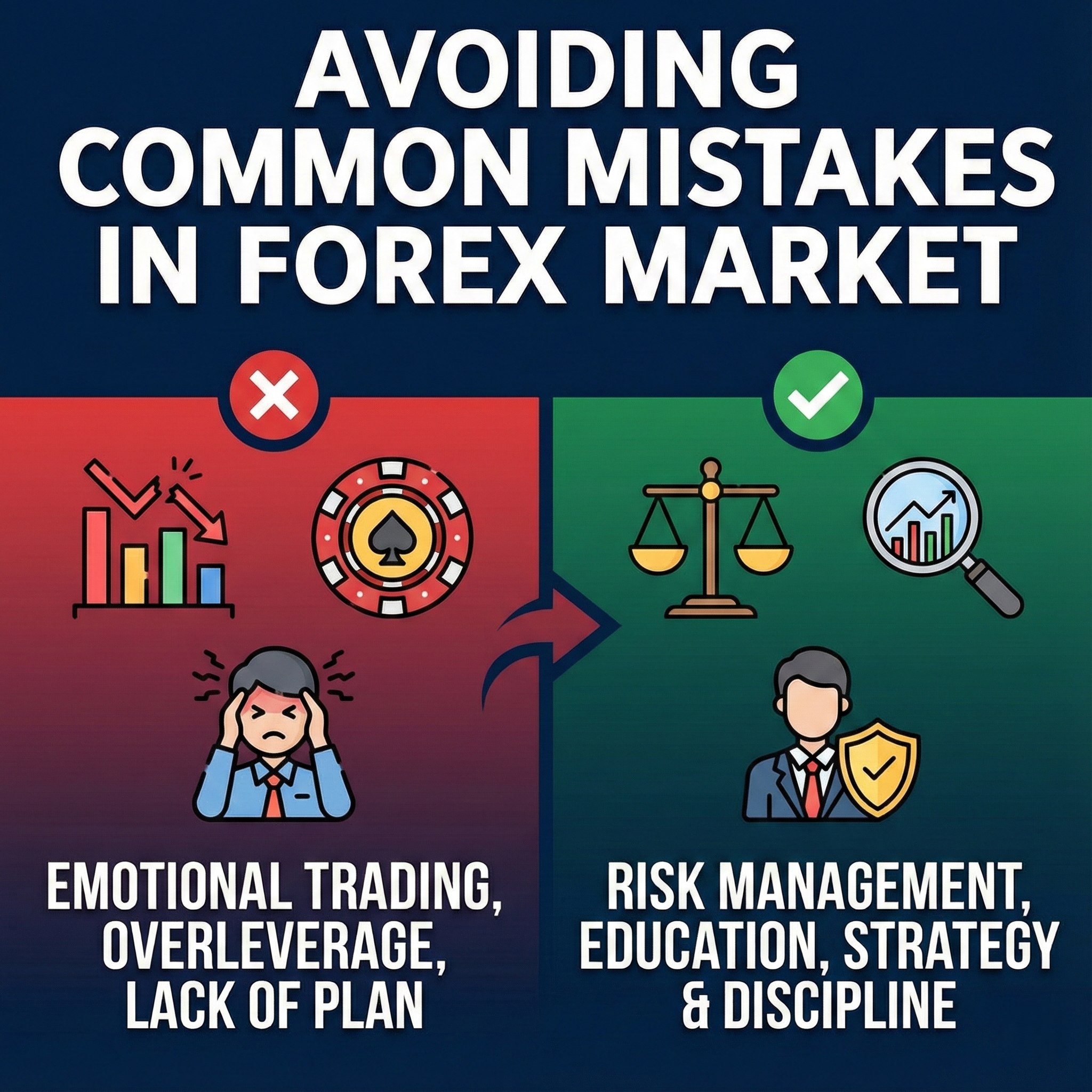 Infographic showing common forex trading mistakes versus best practices, with emotional trading and overleverage on the red side, and risk management, education, and discipline on the green side.