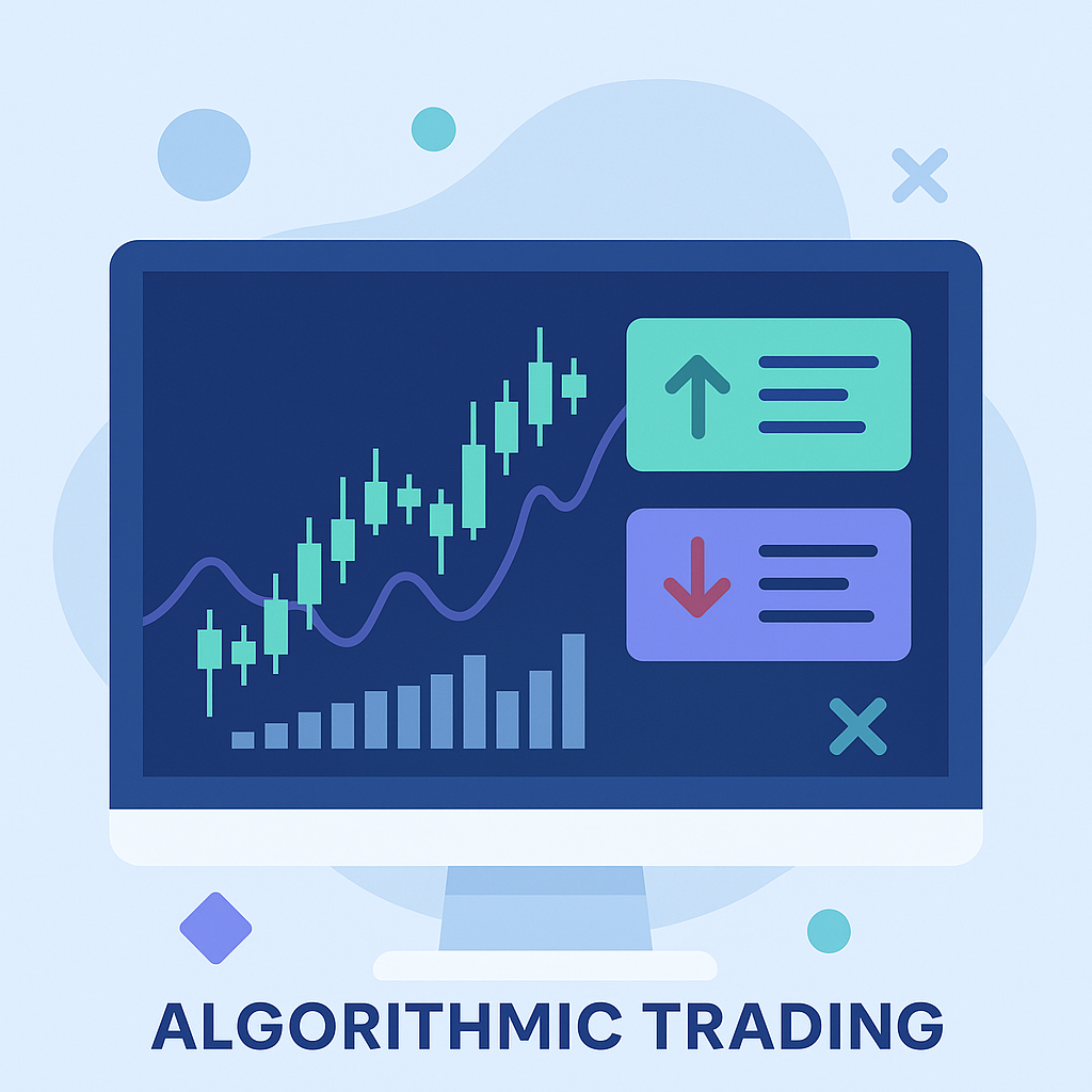 Square illustration of a trading screen with charts and the text “ALGORITHMIC TRADING” underneath.