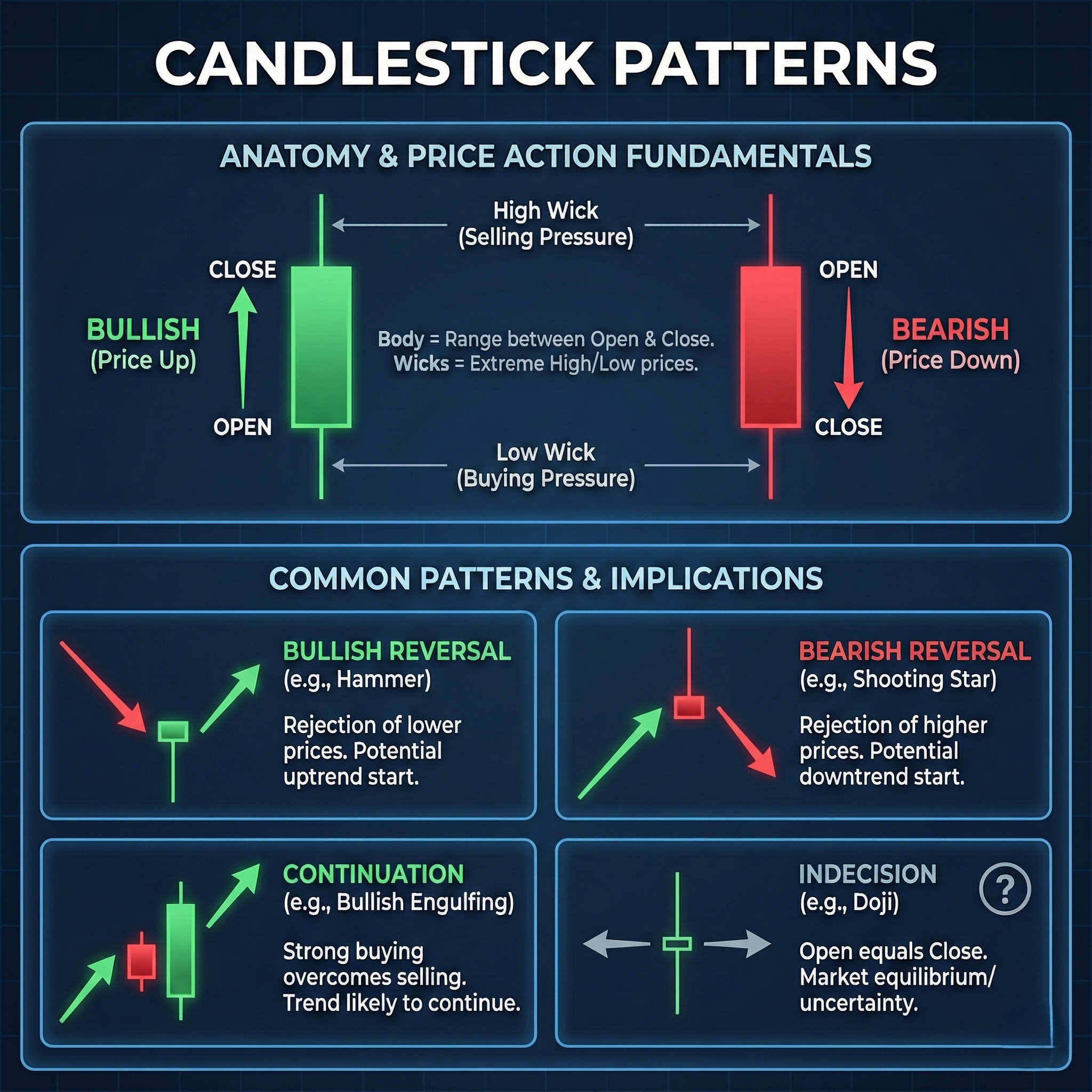 Infographic showing bullish and bearish candlestick structure with examples of hammer, shooting star, engulfing pattern, and doji, along with their trading implications.