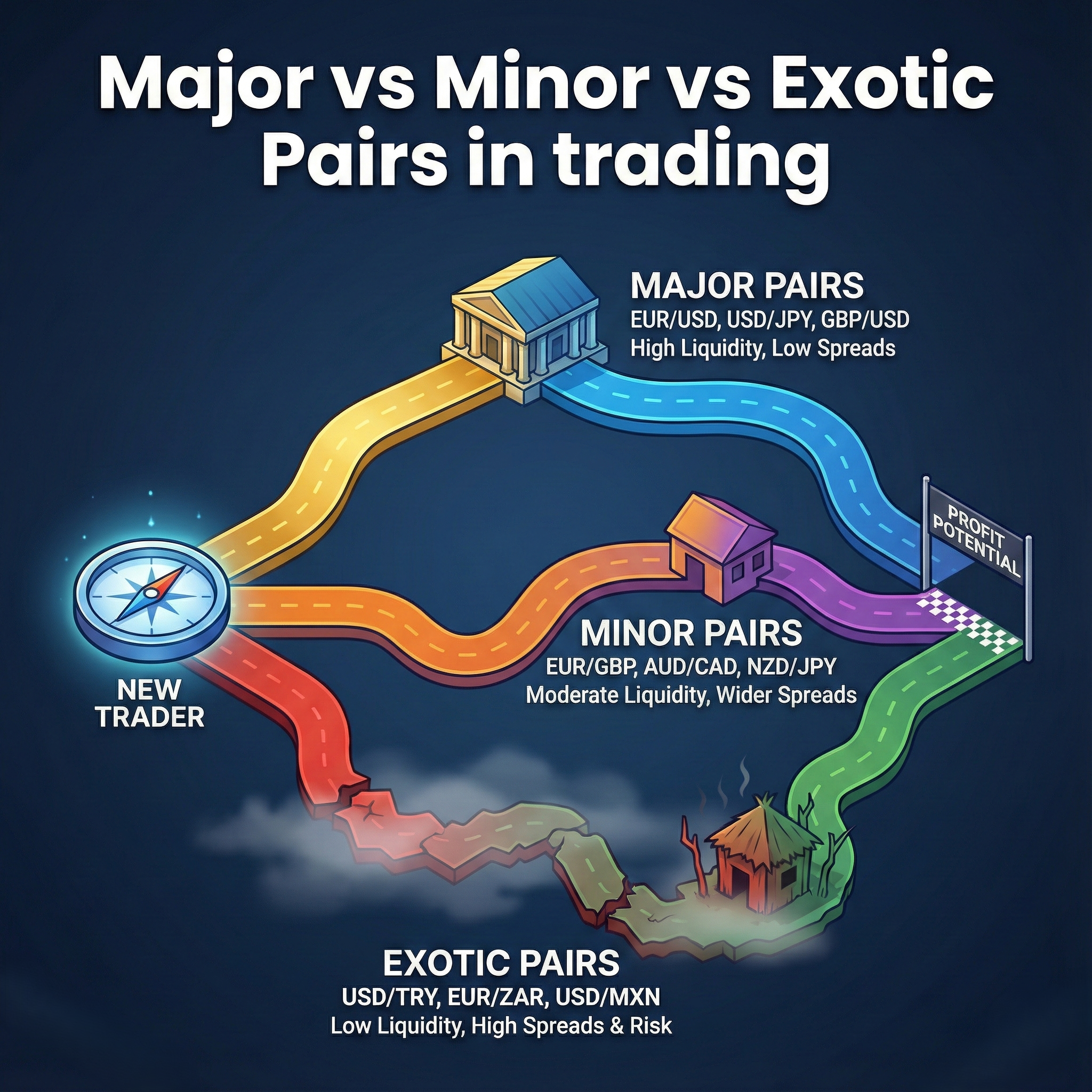 Illustrated chart showing the journey of a new trader moving through major, minor, and exotic currency pairs, with each path represented by different colors and labeled with liquidity, spreads, and risk levels.