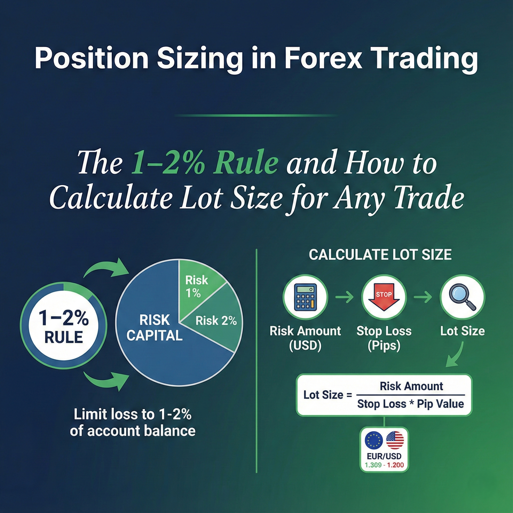 Infographic explaining the 1–2% risk rule and how to calculate lot size in forex trading using risk amount, stop loss, and pip value.