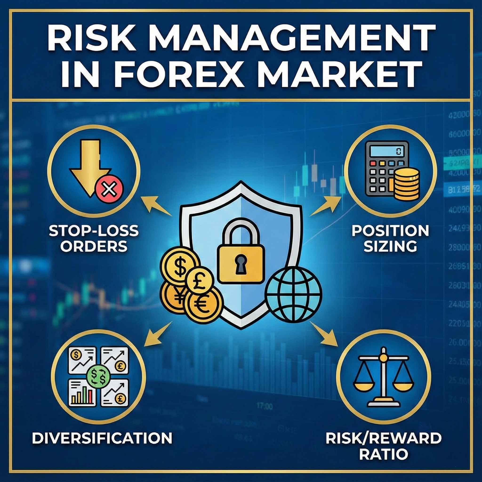 Infographic showing key elements of forex risk management, including stop-loss orders, position sizing, diversification, and risk-to-reward ratio, arranged around a central security shield.