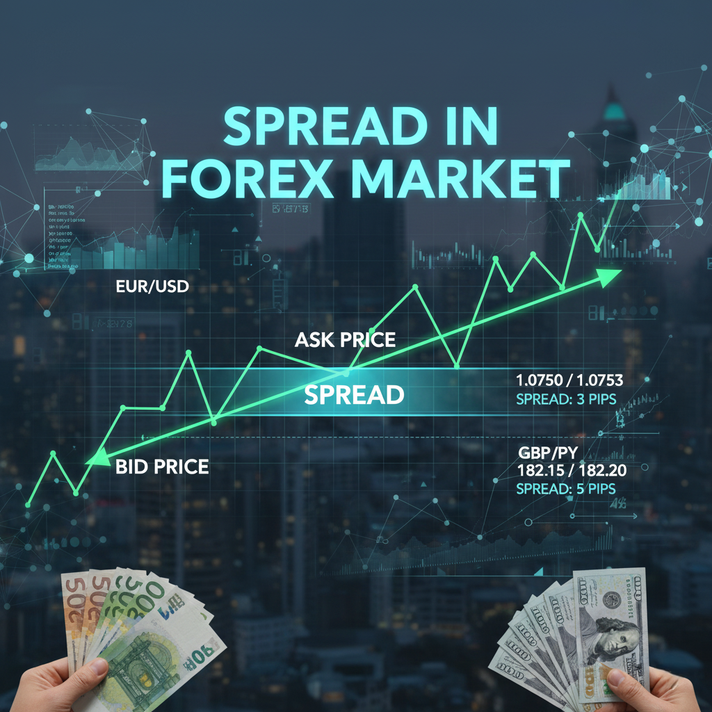 Illustration of forex spreads with bid and ask prices, chart line, currency pair examples, and hands holding euro and dollar notes.