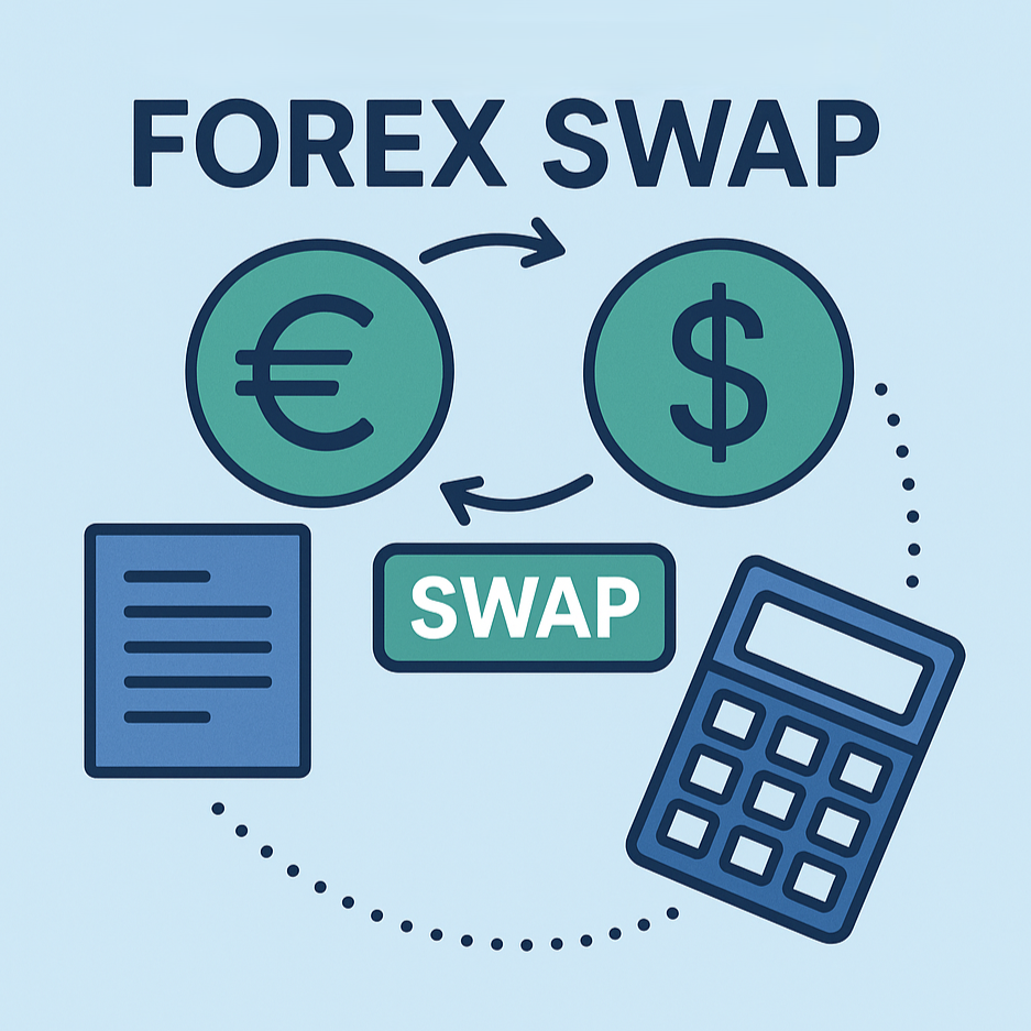 Square illustration of a forex swap showing euro and dollar symbols connected with arrows, a swap label, a document icon, and a calculator on a light blue background.