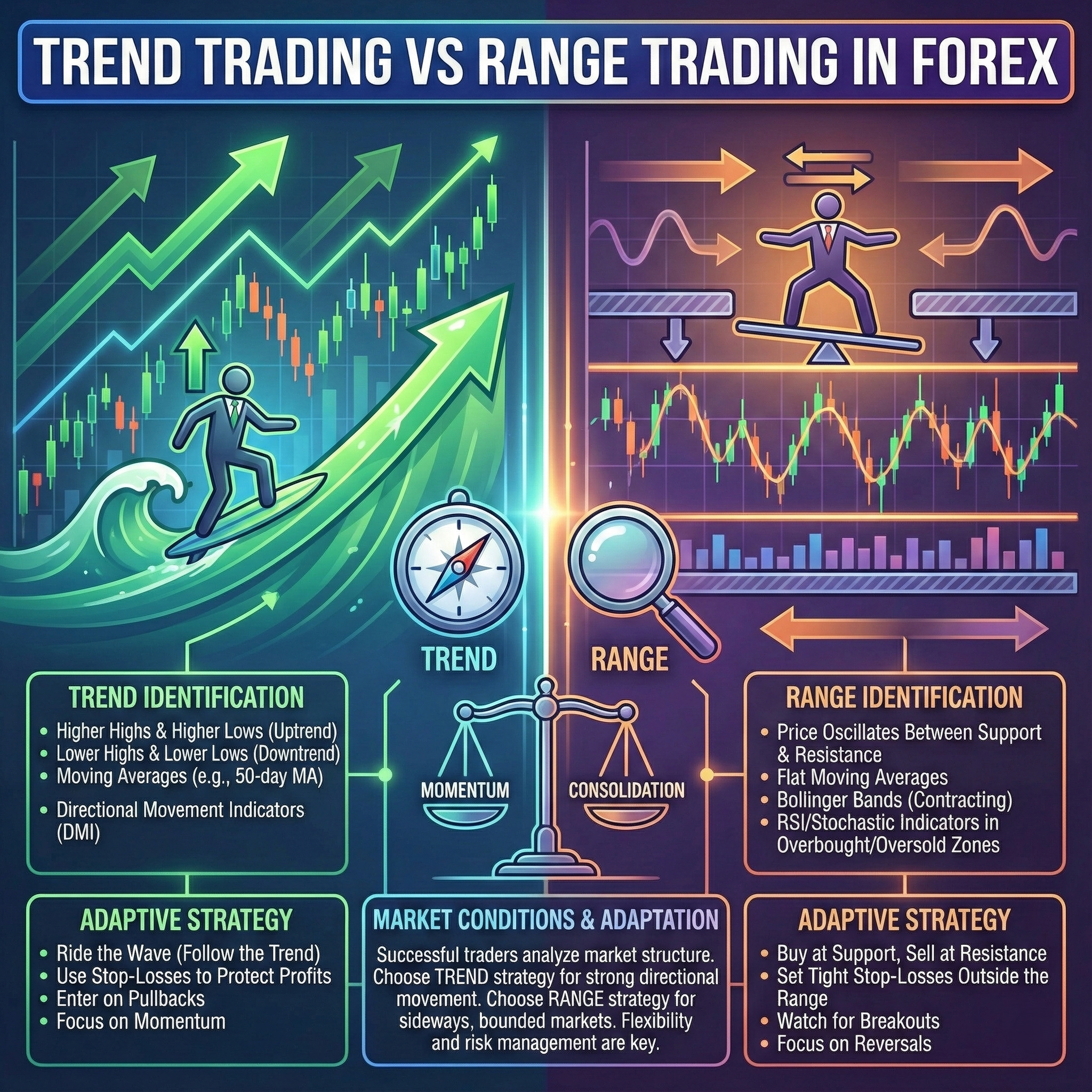 Infographic showing the difference between trend trading and range trading in forex, including trend identification tools, range identification tools, and adaptive strategies for both market conditions.